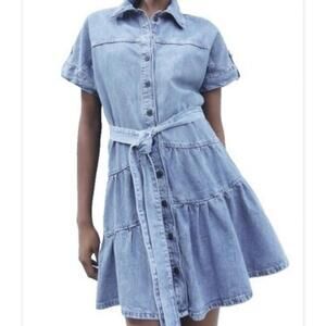 Zara Mini Jean Shirt Dress Tiered Belted Button Up Medium Cotton